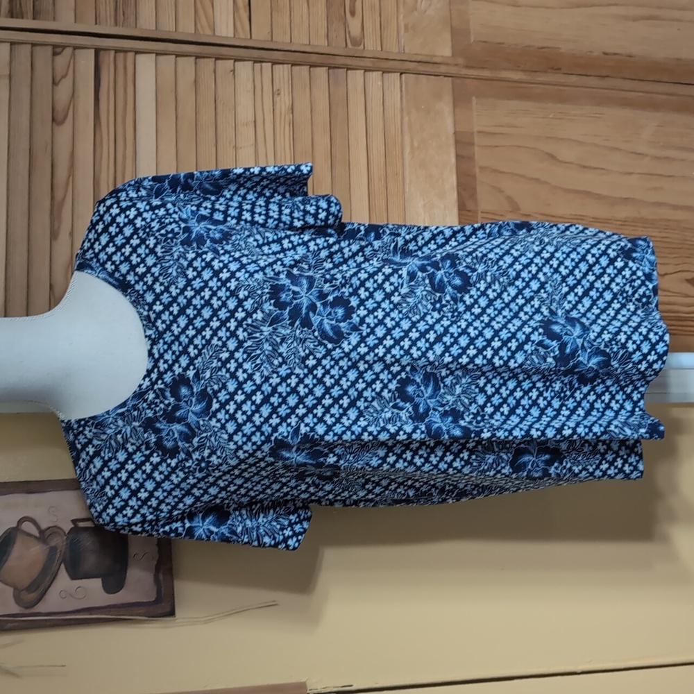 LANDS' END Relaxed Fit Blue Hawaiian Tropical Print Tee Top L 14-16